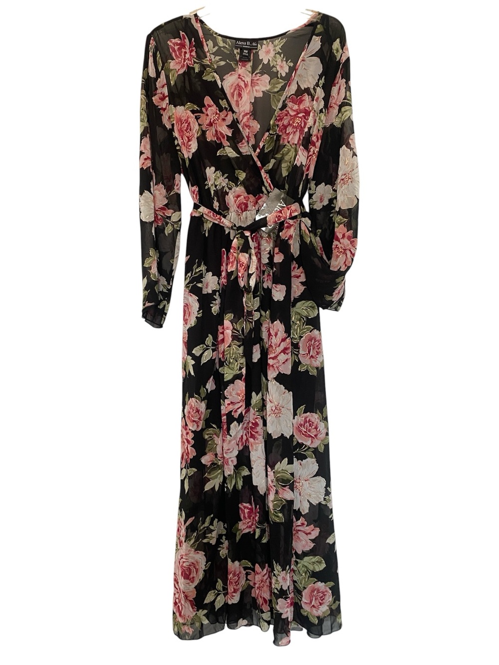ALEXA B NITES Floral Wrap Maxi Dress in Black with Pink Roses 16W